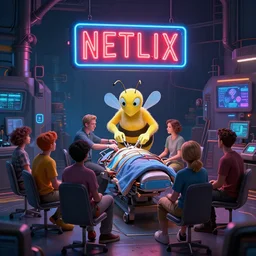 a beeple render of group of people sitting watching disney being operated on, a neon sign that says netflix hangs above, cyberpunk art by rube goldberg, cgsociety, computer art, dystopian art, reimagined by industrial light and magic, concept art
