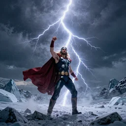 Thor summons lightning, and explodes on an arctic landscape, establishing shot, 8k, atmospheric, dynamic lighting, 8k resolution, matte painting