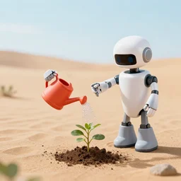 A robot with a watering can waters a small plant in a desert