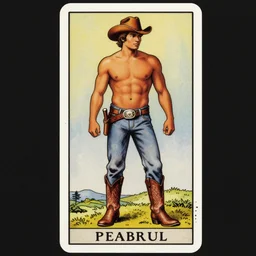 a beautiful dramatic tarot card of a shirtless handsome cowboy. he is wearing cowboy boots. he has a thick build dadbod. homoerotic, art deco, art nouveau. by louis comfort tiffany, by j. c. leyendecker, by bill ward. trending on artstation