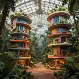 interior concepts of solar punk futuristic greenhouse apartments in a tropical forest setting. vivid colors mixes with dusty moody lighting. architectural concepts inspired by dune 2 0 4 9, 8 k, photorealism