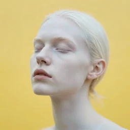 out of focus photorealistic portrait of a beautiful aesthetic pale woman by saul leiter, against a bright yellow sky, very blurry, translucent white skin, closed eyes, foggy