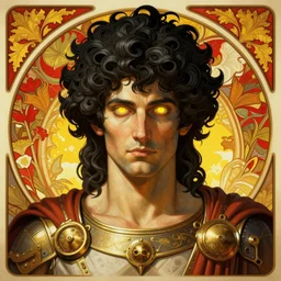 portrait of greek god ares, black curly hair, glowing eyes, volumetric lights, war, yellow red scheme, art nouveau botanicals, gothic, intricate, highly detailed, digital painting, artstation, concept art, smooth, sharp focus, symmetric face, illustration, steampunk, art by artgerm and greg rutkowski and alphonse mucha
