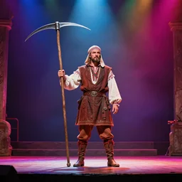 concept art, a stage, man with scythe, traditional romanian clothing, dramatic lighting, beautiful, volumetric lighting, colorful, octane render