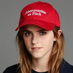 Photo of Emma Watson wearing a red MAGA cap, soft studio lighting, photo taken by Martin Schoeller for Abercrombie and Fitch, award-winning photograph, 24mm f/1.4