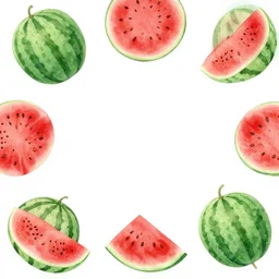 watercolor art watermelons scattered on blank all white background, illustration, vector art
