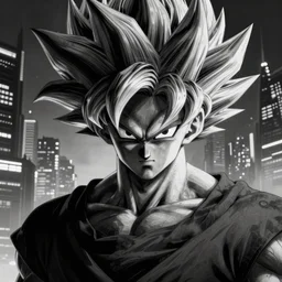 super saiyan Goku with wind-like hair posing in Shanghai cyberpunk city, dark, highly detailed face, close-up, fantasy art, male art, in the style of greg rutkowski, illustration, epic, fantasy, intricate, hyper detailed, artstation, concept art, smooth, sharp focus, ray tracing