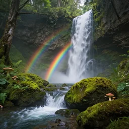 ancient forest, waterfall, rainbow, moss landscape, lush, mushrooms, stones, mysterious, rainbow, intricate, hyper detailed, artstation, concept art, smooth, sharp focus, ray tracing, vibrant, photorealistic, albert bierstadt