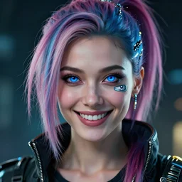 cyberpunk full shot, looking the camera, cinematic, very detailed, cgsociety, artstation, female, grinning, colored locks of hair, clean, symmetry, blue eyes, intricate, impossible beauty, eye implant bionic, ponytail, staring in the void, art by krenz cushart and artem demura and alphonse mucha