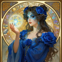 Beautiful female wizard with blue rose robes wearing an intricate arcane makeup searching for her soul, digital art, art by Alphonse Mucha, Greg Rutkowski, Alex Ross, WLOP