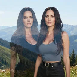 double exposure effect of megan fox and beautiful mountain scenery, in the style of brandon kidwell