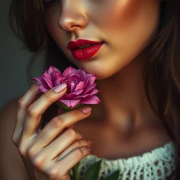 a beautiful person holding a flower close to her face, while trying to gently smell it, beautiful colors, moody lighting