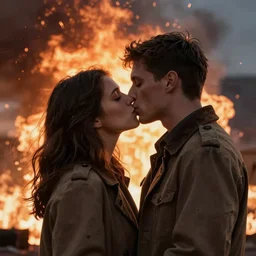 1 9 5 0 s couple being incinerated by nuclear war, kissing, burning up, atomic mushroom cloud in distance h 6 4 0