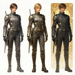 a digital concept ar by artgerm and greg rutkowski and alphonse mucha. three - view drawing full body!! t pose!! clear portrait of a lonely attractive machinist in uniform!! future military, sci - fi repair tool, light effect. hyper detailed, character concept, glowing lights!! intricate, elegant, digital painting, artstation, smooth, sharp focus