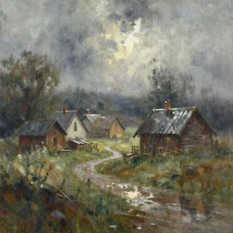 paint brush strokes, abstract watercolor painting of rustic village in rain weather, viking age, ambient lighting, art by hans dahl, by jesper ejsing, art by anders zorn, wonderful masterpiece by greg rutkowski, cinematic light, american romanticism by greg manchess, creation by tyler edlin