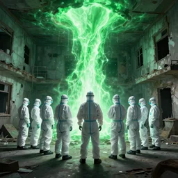 wide - shot photo of a group of scientists in hazmat suits, in front of a glowing green dimensional rift, inside an abandoned house, by shaun tan, codachrome, 8 k, hd, highly detailed,