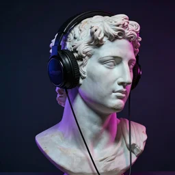 vaporwave style photo of a roman bust wearing headphones listening to music