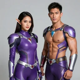 photoshoot of a beautiful indonesian woman and handsome incredibly muscular indonesian man, both have short hair and elf ears and both wear a purple futuristic armored superhero costume, photorealistic
