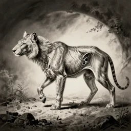 anatomical engraving of an unknown specie, anatomical study of animal hybrids from another universe