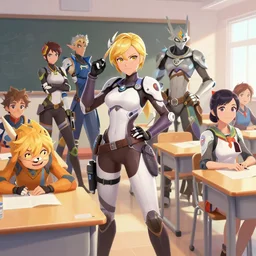 advanced digital anime art, overwatch characters in a classroom during break time