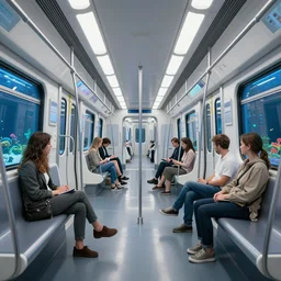 a futuristic long subway car with wall aquariums instead of side windows, interior design, volumetric light, reflective floor, by kacper niepokolczycki and ward lindhout and bogna gawronska and alicja uzarowska and simon besombes. trending on artstation