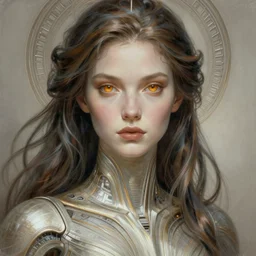 futuristic dress woman portrait, sci-fi, amber eyes, face, long hair, fantasy, intricate, elegant, highly detailed, digital painting, artstation, concept art, smooth, sharp focus, illustration, art by artgerm and greg rutkowski and alphonse mucha