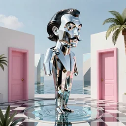 hyperrealistic geometric objects in a surreal minimalistic 8 0's dreamscape environment by salvador dali, enormous chrome man, highly detailed, 3 d render, octane, beautiful lighting, photorealistic, intricate, elegant, wayne barlowe, water, mirrors, pink doorway, beautiful, masterpiece, trending on artstation, artgerm, checkered floor, palm tree