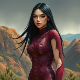 girl with long black hair in burgundy python skin bodysuit at sun hills biome. highly detailed, digital painting, watercolor, soviet realism, engraving, artstation, concept art, smooth, sharp focus, vivid grunge, manga, illustration, unreal engine 5, 8 k, art by bilibin and kilian eng and kuvshinov and malevich and mucha