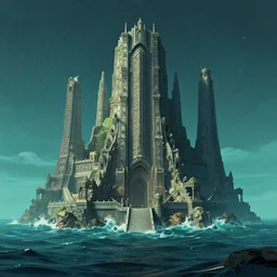 ancient structure in the sea, retrowave epic art, trending on art station