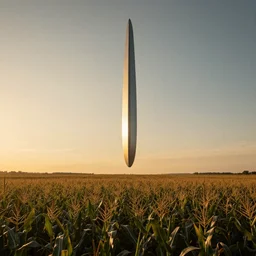 wide shot of a tall and thin monolithic structure hovering in the air 6 feet above a cornfield, late afternoon, golden hour, dramatic lighting, cinematic, highly detailed, smooth, sharp focus, concept art by greg rutkowski and stanley lau and syd mead