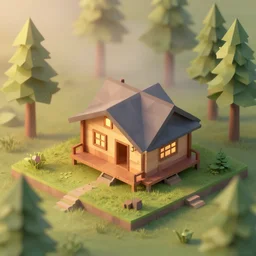 isometric low poly style cabin in the woods, sunrise, foggy, 3 d model, octane render