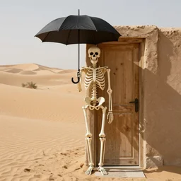 a skeleton holding an umbrella next to a door in a desert
