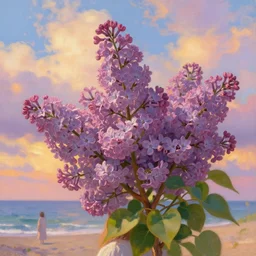 closeup, giant lilac flower head, girl on beach, surreal photography, golden hour, colorful clouds, impressionist painting, digital painting, artstation, simon stalenhag