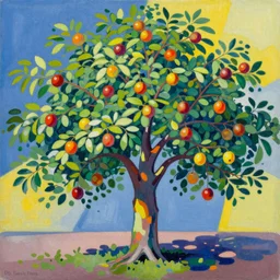 a colorful painting by Hundertwasser of a fruit tree, smooth, sharp, sunny