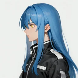 profile shot of rimuru tempest, sky blue straight hair, long bangs, gold eyes, wearing a black jacket with white stripes, high collar, ultra detailed, wild brush strokes, digital painting, cinematic, wlop, artgerm, pixiv, yoshitaka amano, greg rutkowski, ilya kuvshinov, andy warhol