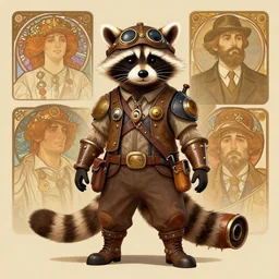 anthropomorphic raccoon steampunk aviator pilot. Renowned character illustration by greg rutkowski, thomas kindkade, alphonse mucha, loish, norman rockwell. Trending on furaffinity. Digital art.