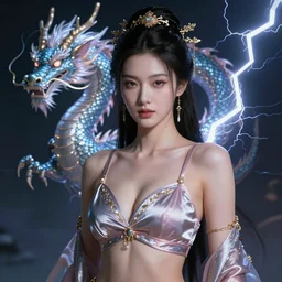 asian female lightning elemental, decollete and silk bra, a chinese dragon made of lightning floats in the background, lifelike, portrait, highly detailed, digital painting, artstation, concept art, sharp focus, illustration, cinematic lighting, art by ruan jia, artgerm and greg rutkowski and alphonse mucha