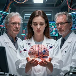 symmetric, neuroscientists holding a brain and neurons in her hands, in a room full of wires and computers and neural networks, sci - fi, 4 k realistic, artem demura. alphonse mucha.