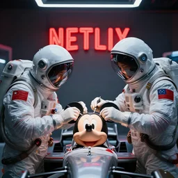 futuristic race car mechanics with astronaut helmets on their heads, doing surgery on mickey mouse doll head, red netflix neon office sign in background, beeple!!, minimal, realistic movie still in private car garage, dystopian