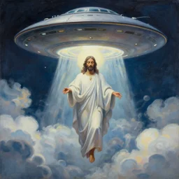 UFO hovering over an African Jesus , clouds, painting by Hsiao-Ron Cheng,