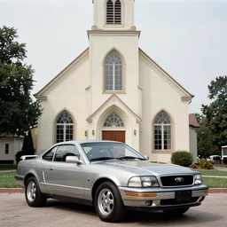 Ford Mustang in front of a church in the 90\'s.