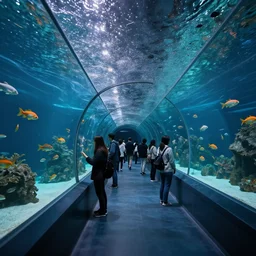 an underground aquarium corridor, people observing lots of beautiful fish, fantastic space, water droplets, highly detailed, artstation trend, highly detailed and intricate, sharp focus, photography, unreal engine 5