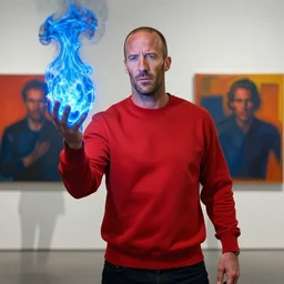 powerful red artificer Jason Statham wearing crimson sweatshirt brandishes a blue fire orb norman ackroyd jim lambie greg rutkowski rothko tombow