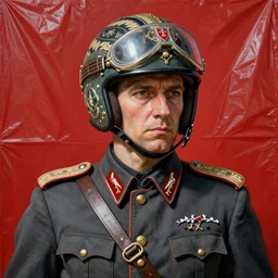 portrait of a third reich soldier in ornate lasercore intricate artwork masterpiece motorcycle dirt helmet, background red plastic bag, rich deep colors, ultra detail, by francis bacon, james ginn, petra courtright, jenny saville, gerhard richter, zdzislaw beksinski, takato yamamoto. masterpiece, masterpiece, smooth shadows, ultra detail, fashion studio lighting, 3 5 mm