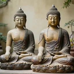 buddha sitting next to his statue, photorealistic, 8 k