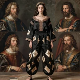 cloth, black fabric, jodhpurs fashion retro, girl, hyperborea tatar chinese, fantasy traveler, decollete cosplay, geometrical low poly, dainty renaissance portrait by michael garmash, greg rutkowski, gaston bussiere, rhads, craig mullins