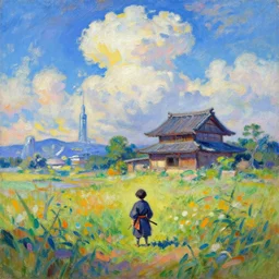 tiny samurai in front of a futuristic japanese country side landscape, edo era house in the background, blue sky, magnificient clouds, lofi vibe, vivide colors, amazing light, really beautiful nature, oil painting, impressionist style, by claude monet, by ghibli, kandinsky touches, multiple brush strokes, masterpiece