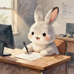 a watercolor painting of a cute happy cartoon rabbit sitting at a desk writing on a paper, Alex Ross