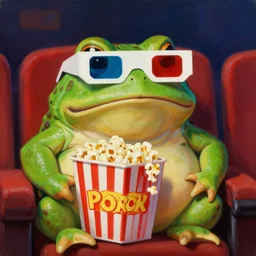 hyper realistic oil painting of chubby green toad wearing anachrome 3 d glasses!! and sitting in the cinema with bucket of popcorn, vibrant colors, high contrast, by greg rutkowski, trending on artstation