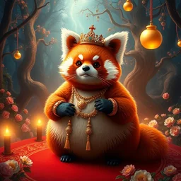 red panda deity, fat figure, cute, elegant, furry, white, gold, warm, wearing a crown, bracelets and necklaces, red carpet, figure, realistic, hair detailing, background is heavenly, wonderland at night, the light in the deep forest full of mythical creatures of the picture, according to european art, golden sacred tree, golden apple, flower garden, hyper realistic render. den